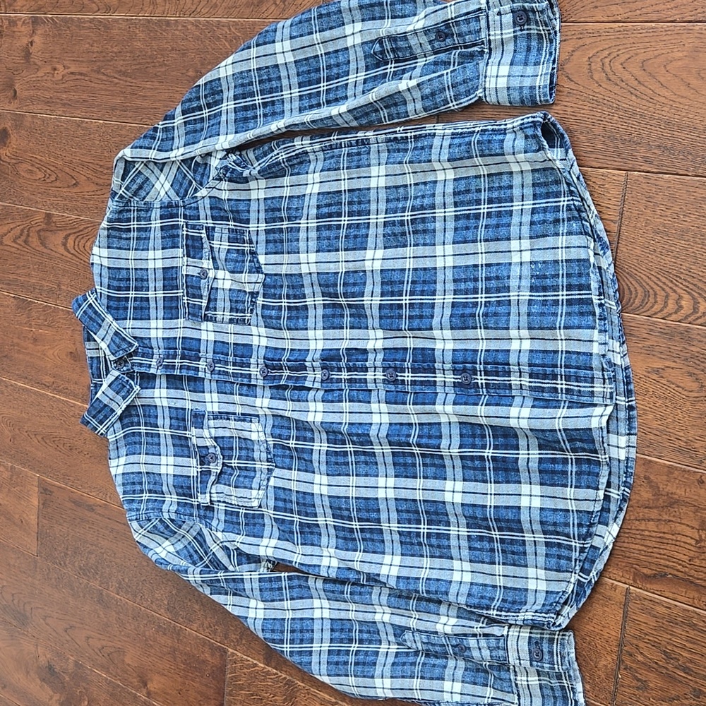 American Rag CIE Men M Blue Plaid Cotton Shirt Distressed EUC Long Sleeve